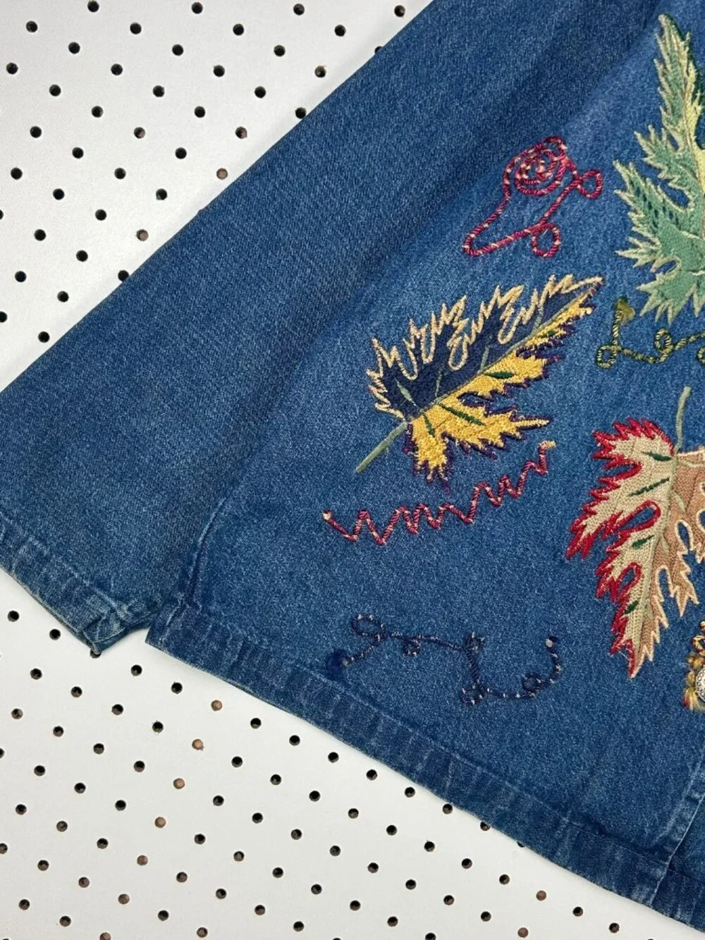 New Direction Denim Jean Jacket Women's XL Fall Foliage Stitched Embroidered 90s